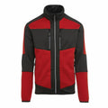 This RG545 jacket by Regatta Professional features a red and black color block design, equipped with a front zipper, multiple pockets, and a stand-up collar.