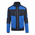 The RG545 by Regatta Professional is a stylish zip-up jacket featuring a high collar and two zippered chest pockets. It boasts a modern color-block design, with blue accents on the shoulders, upper chest, and sleeves, and black on the sides and middle.