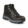 The RG565 by Regatta Safety Footwear is a black leather hiking boot featuring metal eyelets, black laces, and a thick gray sole.