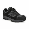 RG567 by Regatta Safety Footwear is a gray and black hiking shoe featuring a rugged sole and a mesh upper for breathability.