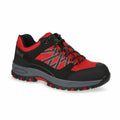 The RG567 hiking shoe by Regatta Safety Footwear features a rugged sole and stylish red and black design with gray accents.
