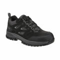 The RG568 by Regatta Safety Footwear is a black hiking shoe featuring a rugged sole, grey accents, and a lace-up design.