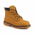 Introducing the Regatta Safety Footwear RG571: a durable work boot featuring brown leather construction, black ankle padding, metal eyelets, and brown laces, all set atop a textured rubber sole.