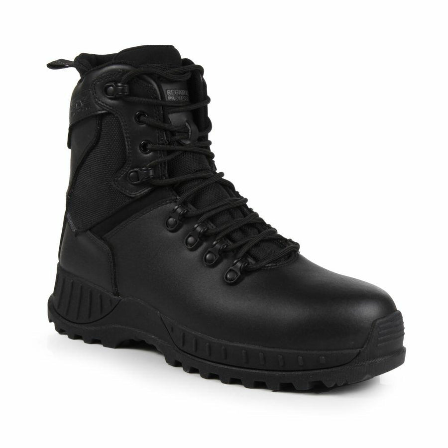 The RG575 by Regatta Safety Footwear is a black combat-style boot featuring a thick, sturdy sole and detailed lacing, designed for durability and protection.