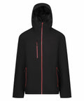 The RG580 by Regatta Professional is a black jacket featuring a hood, red zippers, two waist pockets, and one chest pocket.