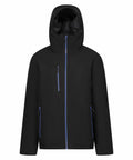 The RG580 by Regatta Professional is a black hooded jacket featuring blue zippers and three front pockets.