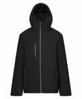The RG580 by Regatta Professional is a black hooded jacket featuring a zipped front closure and three pockets, including one on the chest.