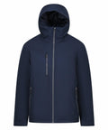 Introducing the RG580 by Regatta Professional: a dark blue hooded jacket featuring a front zipper and three zippered pockets. This jacket boasts a high collar, long sleeves, and a minimalist design tailored for cold weather.