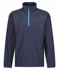 The RG582 from Regatta Professional is a dark blue long-sleeve pullover featuring a half-zip design with a light blue zipper. It has a high collar and looks soft and comfortable, set against a plain white background.