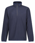 The Regatta Professional RG582, a navy blue quarter-zip fleece sweater featuring long sleeves and a high collar, is displayed against a white background.