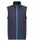 The Regatta Professional RG583 is a navy blue sleeveless vest featuring a high collar and front zipper. It includes two zippered pockets with light blue accents on the zippers, complementing the main front zipper.
