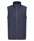 The Regatta Professional RG583 is a sleeveless navy blue fleece vest, featuring a full zip front and two zippered side pockets. It also has a high collar and a simple, plain design.