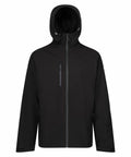 Regatta Professional's RG585 jacket is a black hooded design featuring a front zipper and three zippered pockets, with a plain look free from any visible logos.