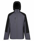 A Regatta Professional RG585 hooded jacket in gray and black, featuring a front zipper and pockets.