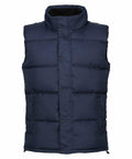 Regatta Professional's RG586 is a navy blue puffer vest featuring a high collar and snap button closure.