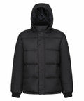 The RG587 by Regatta Professional is a black puffer jacket with a hood, featuring a front button closure and long sleeves.