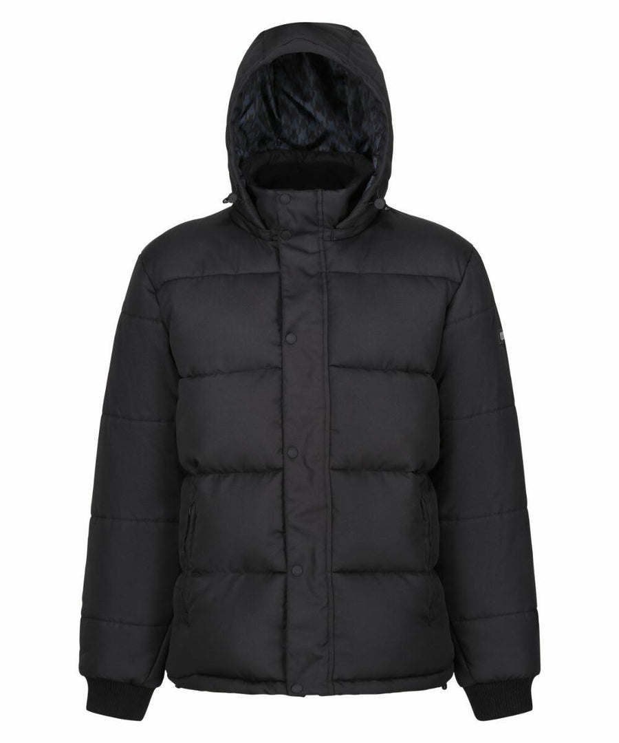 The RG587 by Regatta Professional is a black puffer jacket with a hood, featuring a front button closure and long sleeves.