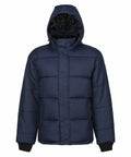 A Regatta Professional jacket (Model RG587) in navy blue, featuring a puffer design with a hood and black cuffs.