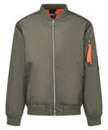 The RG588 by Regatta Professional is an olive green bomber jacket featuring a zipper closure, orange inner lining, and a zippered pocket on the sleeve.