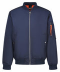 A Regatta Professional navy bomber jacket, model RG588, featuring a front zipper, orange lining, and a zippered sleeve pocket.