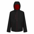 Product RG594 from Regatta Professional features a black hooded jacket with red interior lining and seams, a front zip closure, and two pockets.