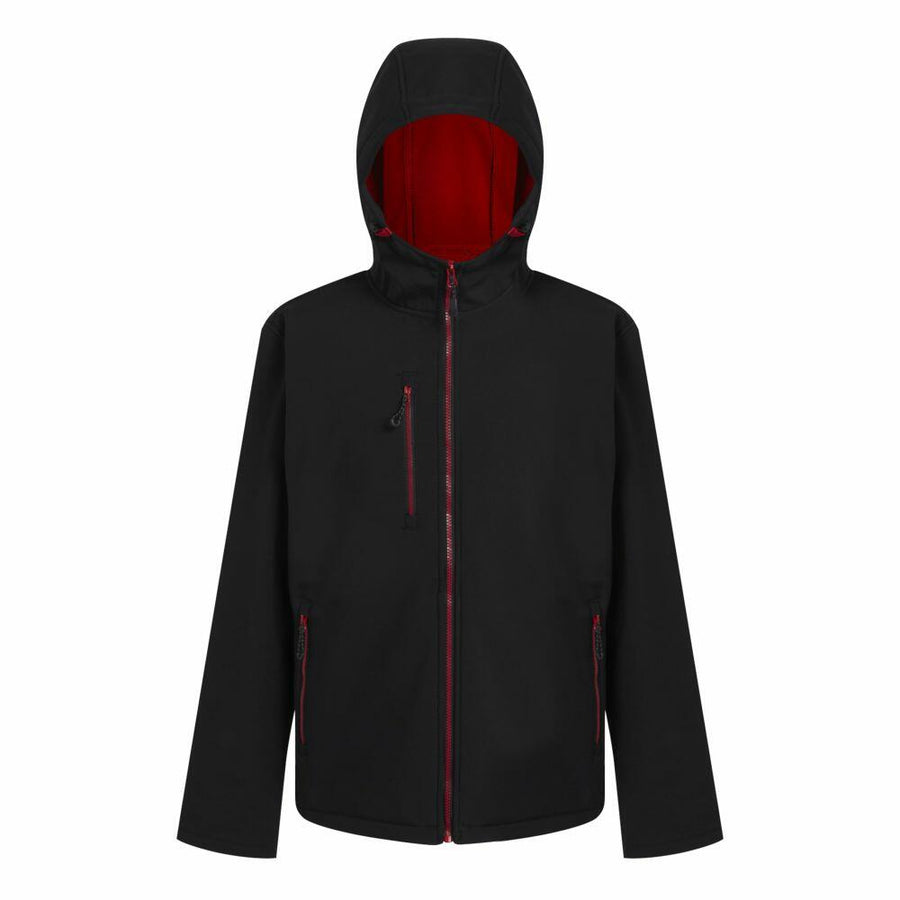 Product RG594 from Regatta Professional features a black hooded jacket with red interior lining and seams, a front zip closure, and two pockets.