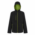 The RG594 by Regatta Professional is a black hooded jacket with a green interior, complete with zippered pockets and a front zipper closure.