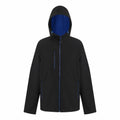 The RG594 by Regatta Professional is a black jacket with a hood, blue lining, and front zipper, featuring two zippered side pockets and one chest pocket.