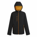 Introducing the RG594 by Regatta Professional: A sleek black hooded jacket featuring a vibrant orange lining. It is equipped with a front zipper, two zippered side pockets, and an additional zippered chest pocket. The jacket includes an adjustable hood and long sleeves for comfort.