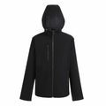 Displayed against a plain white background is the Regatta Professional RG594, a black hooded jacket featuring a front zipper. It boasts two zippered pockets on the front and an adjustable hood, offering a simple yet functional design suitable for various weather conditions.