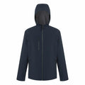 The Regatta Professional RG594 is a dark blue hooded jacket showcased against a white backdrop. It boasts a full-length zipper, two side pockets, and a zippered chest pocket. The hood is raised, and the jacket sports a sleek, casual design.