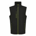 Regatta Professional's RG595 is a black sleeveless vest with a high collar, featuring three zippered pockets and lime green zipper accents.