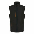 The RG595 vest from Regatta Professional is a dark green, sleeveless design with a high collar. It features three orange zippered pockets—one on the chest and two near the waist—and an orange main zipper for striking contrast against the fabric.