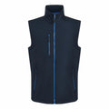 The RG595 from Regatta Professional is a dark navy sleeveless vest with a high collar and front zipper closure. It features three zippered pockets accented with blue, offering a stylish contrast to the fabric. Designed with a tailored fit, this vest is perfect for casual wear.