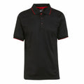 Regatta Professional's RG596 is a black polo shirt with red trim on the collar and sleeves, featuring a three-button placket.