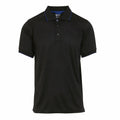 The RG596 black polo shirt by Regatta Professional features a blue-lined collar and sleeves, along with a three-button placket.