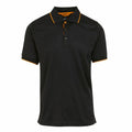 The Regatta Professional RG596 is a black polo shirt with short sleeves and a collar, highlighted by orange trim along the edges of both the collar and sleeves. It features a button placket on the front, embodying a simple and classic design.