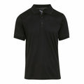 The RG596 by Regatta Professional, featuring a plain black design with short sleeves and a buttoned placket, is showcased against a white background.