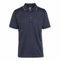 Introducing the RG596 by Regatta Professional: a navy blue polo shirt with short sleeves and a button-up collar, accented with light blue piping on the collar and sleeve edges.