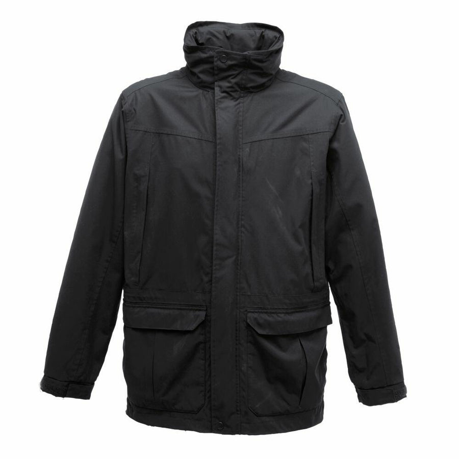 Regatta Professional's RG603 features a black design with a hood, front zipper, and two spacious front pockets.