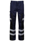 The RG609 by Regatta Professional is a pair of dark blue cargo pants featuring black and reflective silver stripes on the legs for enhanced visibility.