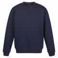 The RG614 by Regatta Professional is a dark navy blue crewneck sweatshirt featuring long sleeves, ribbed cuffs, and a ribbed hem, along with a small triangular patch at the neckline.