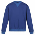 The RG614 by Regatta Professional is a relaxed-fit blue sweatshirt featuring long sleeves with ribbed cuffs, collar, and hem, along with a v-shaped stitch detail at the neckline.