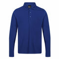 A product from Regatta Professional, the RG615, is a simple long-sleeve blue polo shirt designed with a collar and three buttons on the front.