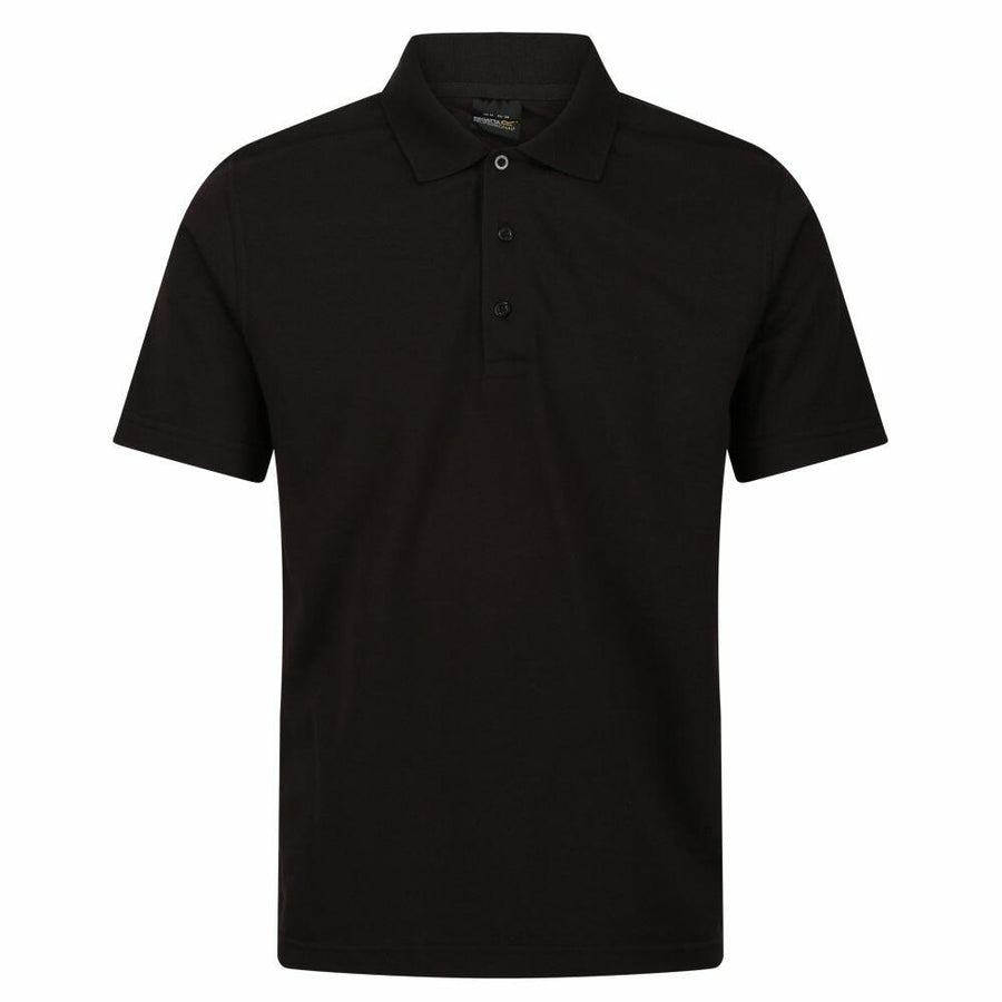 RG616 by Regatta Professional is a black polo shirt featuring short sleeves, a collar, and three buttons.