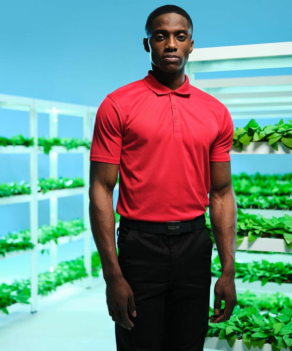 A man in a red polo shirt and black pants stands in front of shelves containing Regatta RG617 green plants.