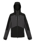 The Softshells jacket features a modern, sporty design in black and dark grey with a hood, front zip, zipped chest and side pockets, adjustable cuffs, and a high collar.