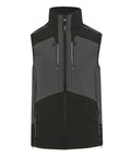 The Gilets & Body Warmers is a black and dark grey sleeveless zip-up waistcoat with a high collar, zipped chest and side pockets, and white accent stitching on the shoulders, shown against a white background.