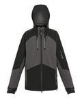 The Jackets product is a black and dark grey hooded jacket with a front zip, two zipped chest pockets, two side pockets, a left sleeve zip pocket, adjustable cuffs, and a panel design.