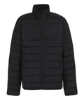 A black zip-up puffer jacket from Jackets, featuring long sleeves, horizontal quilting, and a stand-up collar, shown against a plain white background.
